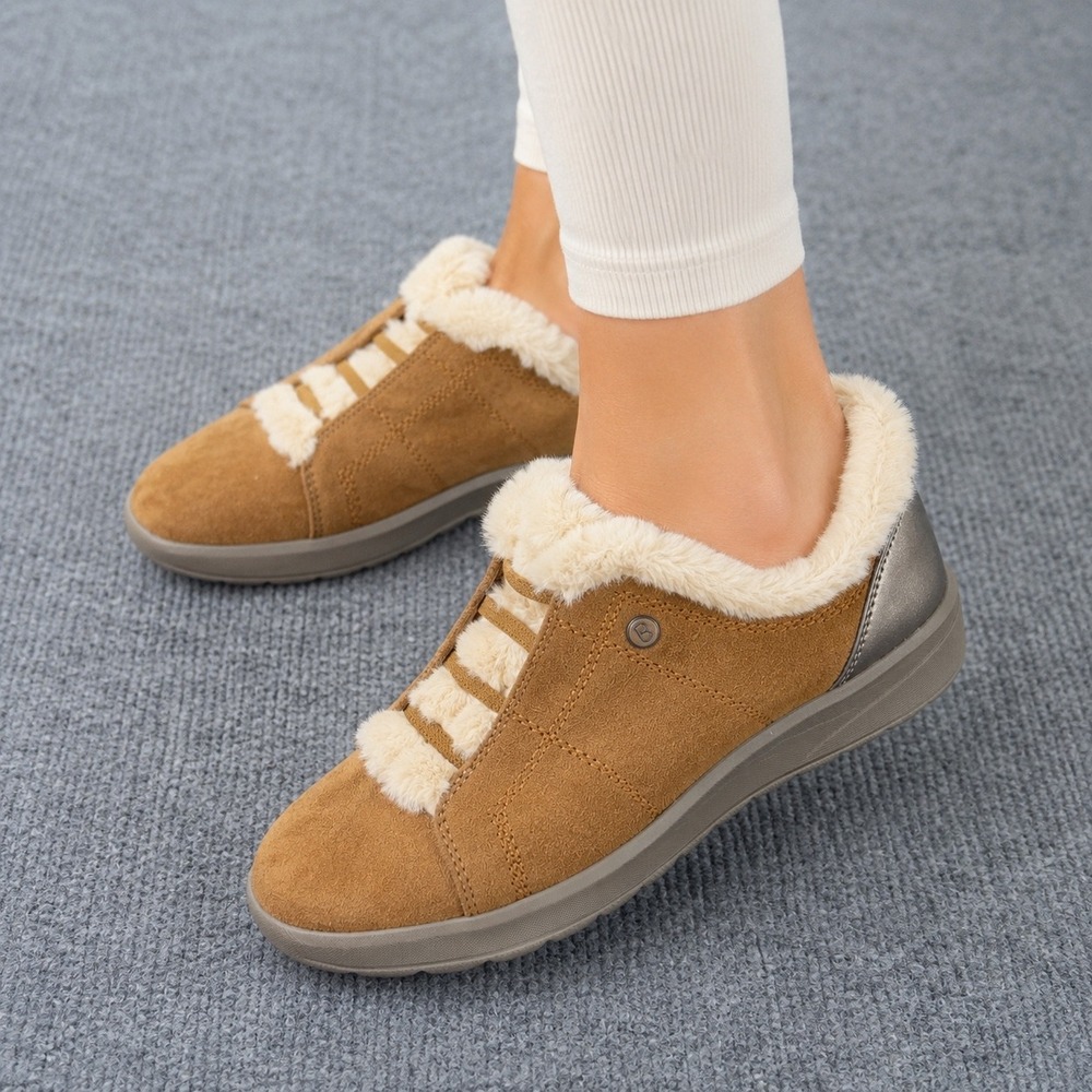 Bzees Womens 9.5M Tan Faux Fur Lined Slip On Comfort Shoes Metallic Heel Brown